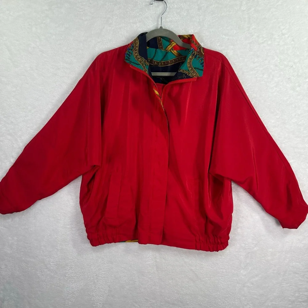 GDT Too Reversible Bomber Jacket Womens OS Red Multi‎ Chain Print Vintage 80s